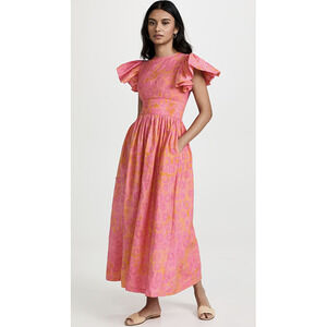 SIKA Pink Orange Printed Flutter Puff Sleeve Maxi Dress